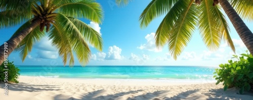 Warm sandy beach with palms swaying in gentle breeze , warm sand, surfboard