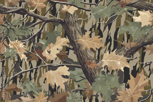 Camouflage background. Vector hunting camouflage seamless pattern design. Deer hunting, forest, bottom land camouflage. Realistic tree seamless pattern. Digital camouflage