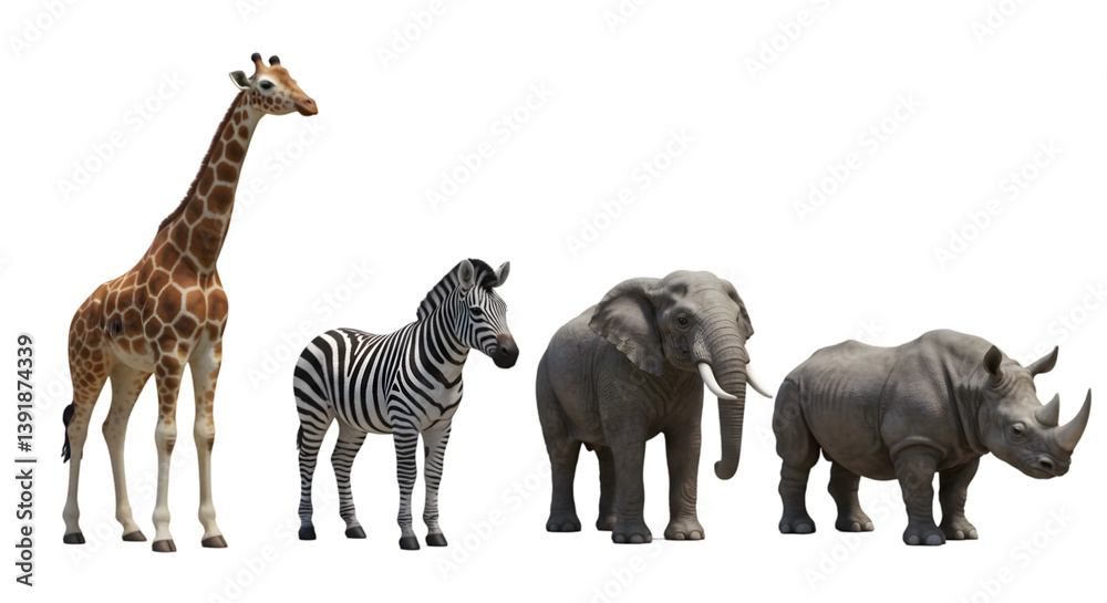 Fototapeta premium A giraffe zebra elephant and rhino standing side by side on black