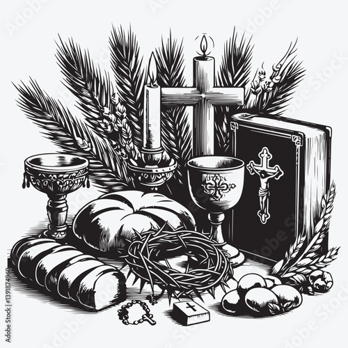 Holy Week. Bread and chalice, the cross, palm branches, crown of thorns and bible stock illustration