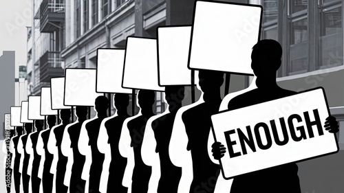 Echoes of Protest: A stark, monochromatic scene captures a line of silhouetted figures, each holding a sign conveying the powerful message 