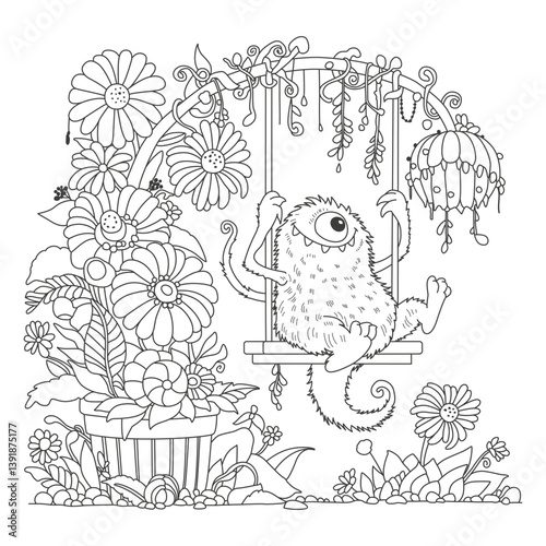 Cute funny monster with one eye swings on a swing in a flower garden. Coloring page. Art therapy.