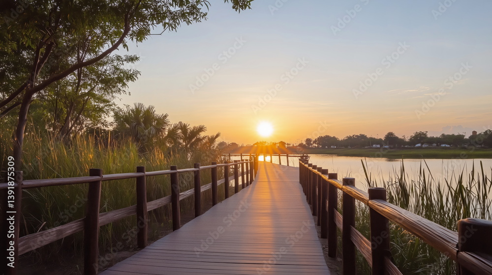 Obraz premium Sunset stroll on riverside boardwalk