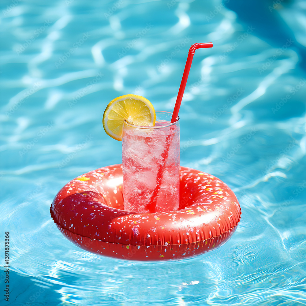 A refreshing drink with lemon and straw floating in a red inflatable ring in a blue swimming pool