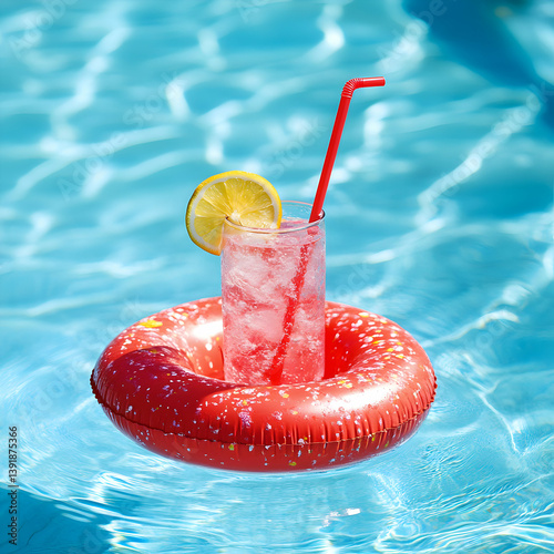 A refreshing drink with lemon and straw floating in a red inflatable ring in a blue swimming pool