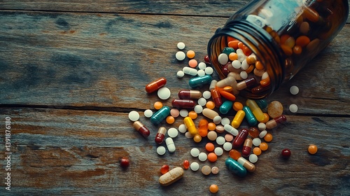 assorted pills and capsules spilling from a glass bottle onto a wooden surface, pharmacy scene with colorful medication and realistic healthcare detail