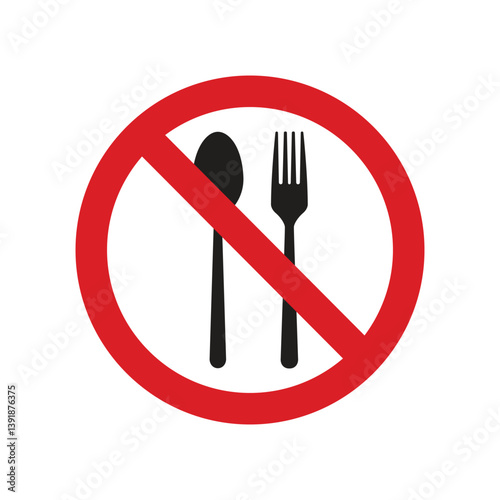 forbidden to eat and prohibition sign template, Red strikethrough circle, Simple flat vector icon illustration