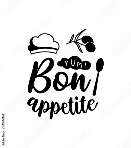 Handwritten kitchen poster lettering. Cute bon appetite phrase, card or t-shirt print template. Vector quote illustration.