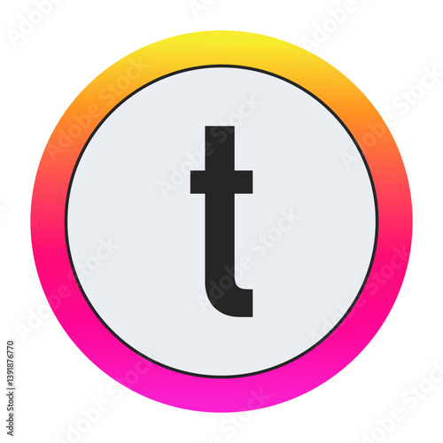 Black Lowercase letter t on light background with vibrant gradient circular frame, ideal for creative, fashion, or modern business branding.