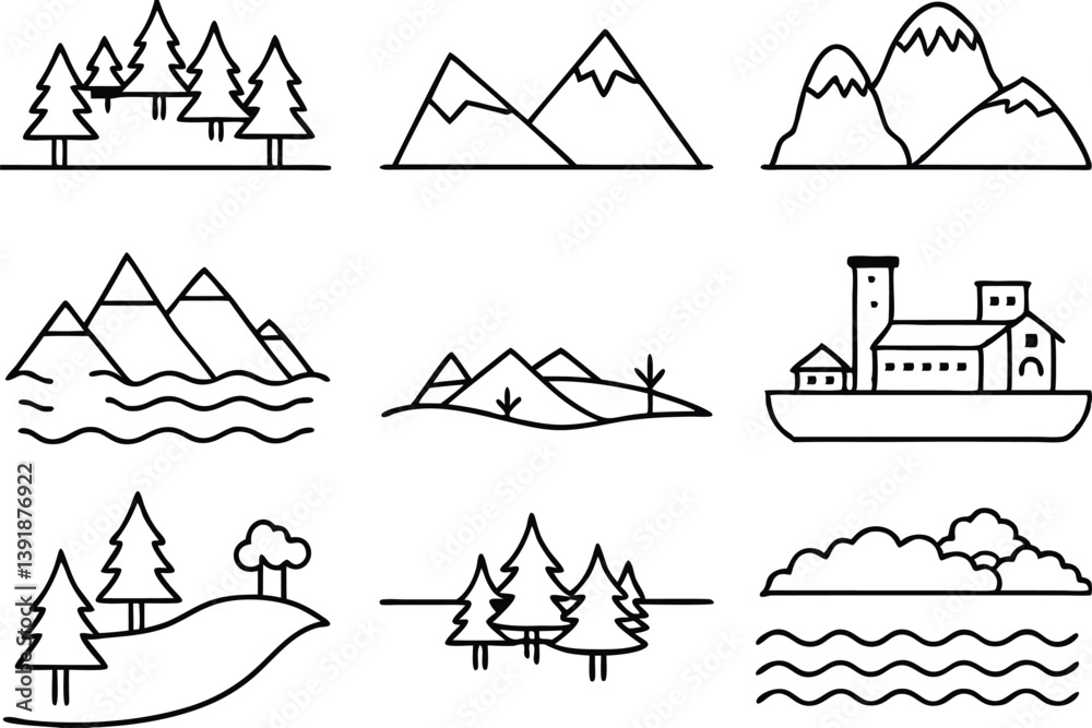 Fototapeta premium Lakes Line Art Illustration Creative Design for Nature Drawing Artwork 