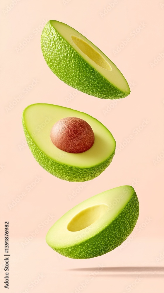 Floating avocados in mid-air with soft background