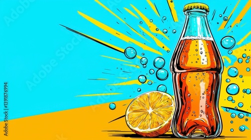 Pixel Art Orange Soda Bottle Illustration with Bubbles and Orange Slice