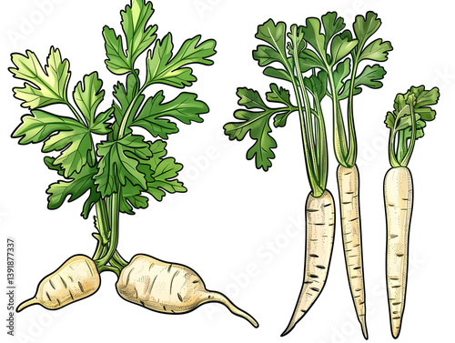parsnip plant with leafy green top and creamy root, hand-drawn botanical vegetable illustration, educational style, isolated on white background