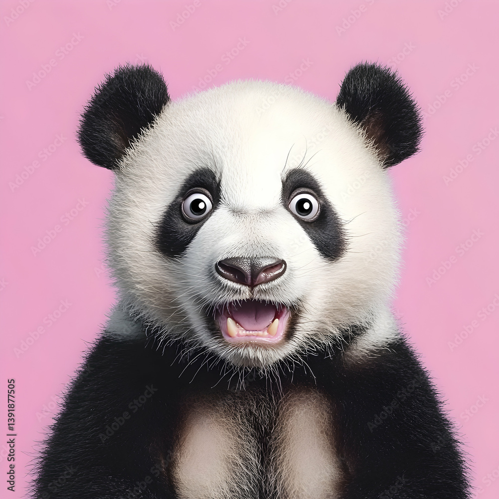A close up portrait of a surprised panda bear with black and white fur against a pink background A close up portrait of a surprised panda bear with black and white fur against a pink background