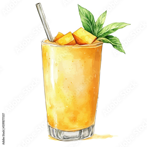 Mango Lassi, watercolor illustration, isolated on a white background.

