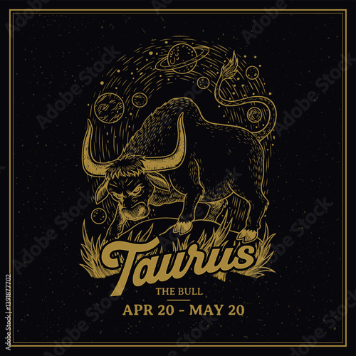 Taurus Zodiac Sign Line Art–Intricate Vintage Illustration of The Bull with Cosmic Symbols Astrology and Horoscope Design