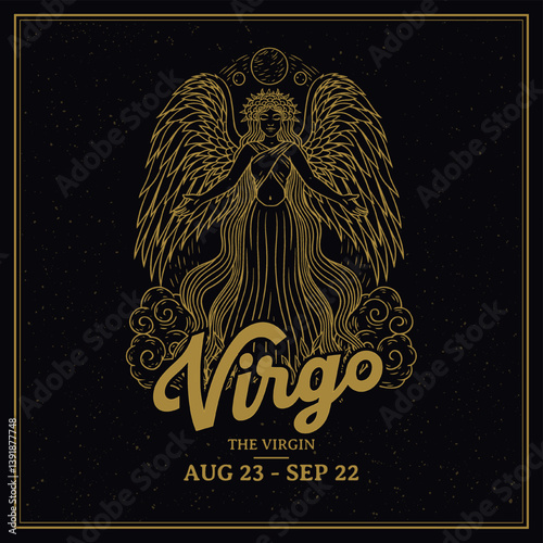 Virgo Zodiac Sign Line Art–Delicate Vintage Illustration of The Maiden with Botanical and Celestial Details Astrology and Horoscope Design