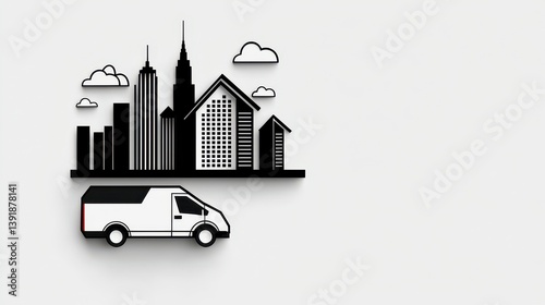 Pixelated Delivery Van Driving Past Black and White Cityscape on White Background