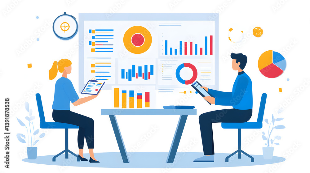 Vector infographic: A manager conducting a performance review meeting with an employee Vector infographic: A manager conducting a performance review meeting with an employee