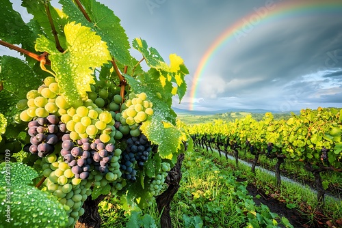 An idyllic vineyard post-rain, where dew-kissed grapes absorb sunlight, and a magnificent rainbow enhances the lush green scenery.