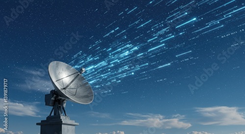 Fototapeta Naklejka Na Ścianę i Meble -  Satellite Dish Receiving Data Streams Under Night Sky: Digital Communication and Technology