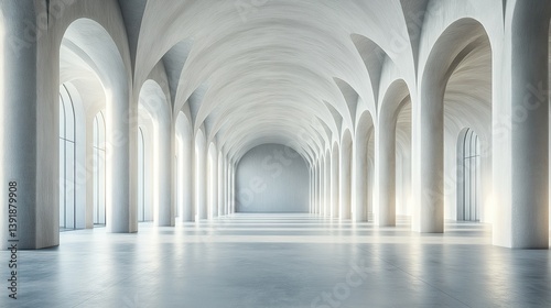 Vast Concrete Hall with Columns and Glowing Windows, Minimalist Modern Architecture