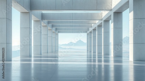 Vast Concrete Hall with Columns and Glowing Windows, Minimalist Modern Architecture