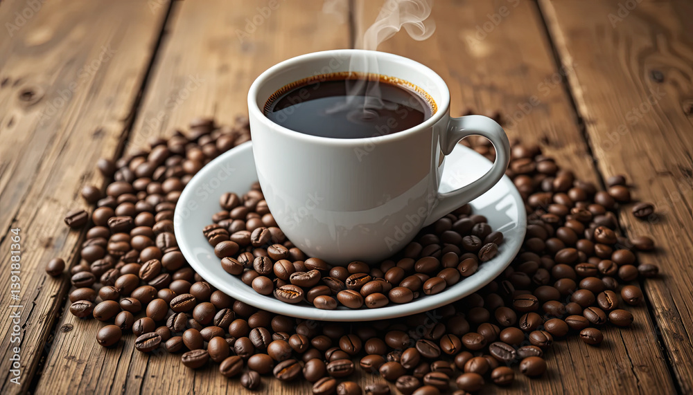Steaming Coffee Cup Background Image with Beans on Rustic Wood Surface Steaming Coffee Cup Background Image with Beans on Rustic Wood Surface