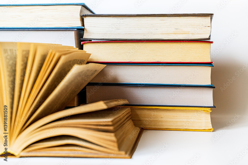 Obraz premium stack large pile of printed literary old books lies on table book covers and pages for study book pages and bindings on white background mountain of books