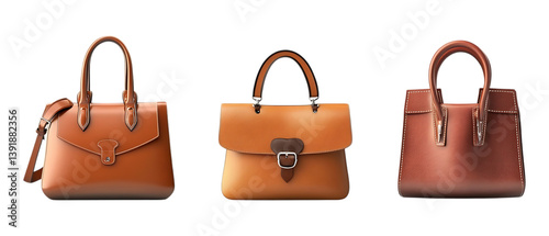 Pack of Leather Handbag set of Five Different Poses set Against Transparent Background for Fashion, Accessories, or Daily Use Promotion Projects photo