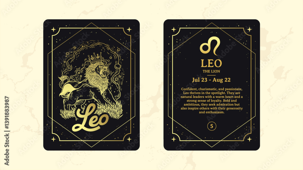 Leo Zodiac Sign Card – Royal Line Art of The Lion with Radiant Celestial Elements – Majestic Astrology & Horoscope Artwork