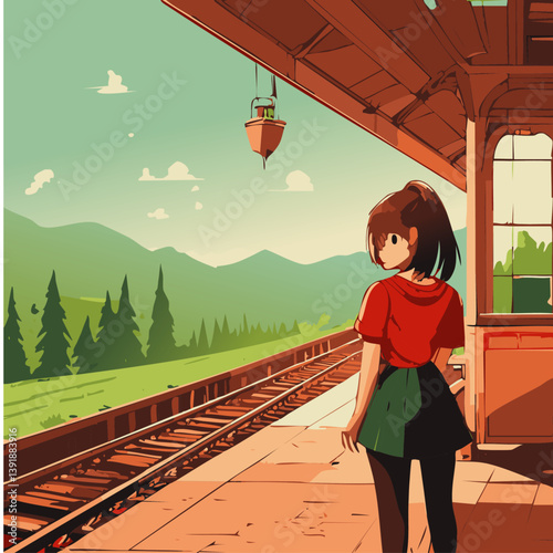 Anime Girl Standing Alone on Train Tracks in a Serene Mountain Setting

