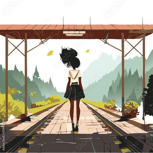 Anime Girl Standing Alone on Train Tracks in a Serene Mountain Setting

