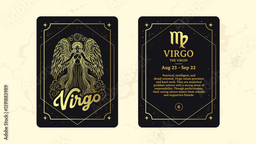 Virgo Zodiac Sign Card – Delicate Line Art of The Maiden with Floral and Cosmic Details – Elegant Zodiac & Horoscope Illustration