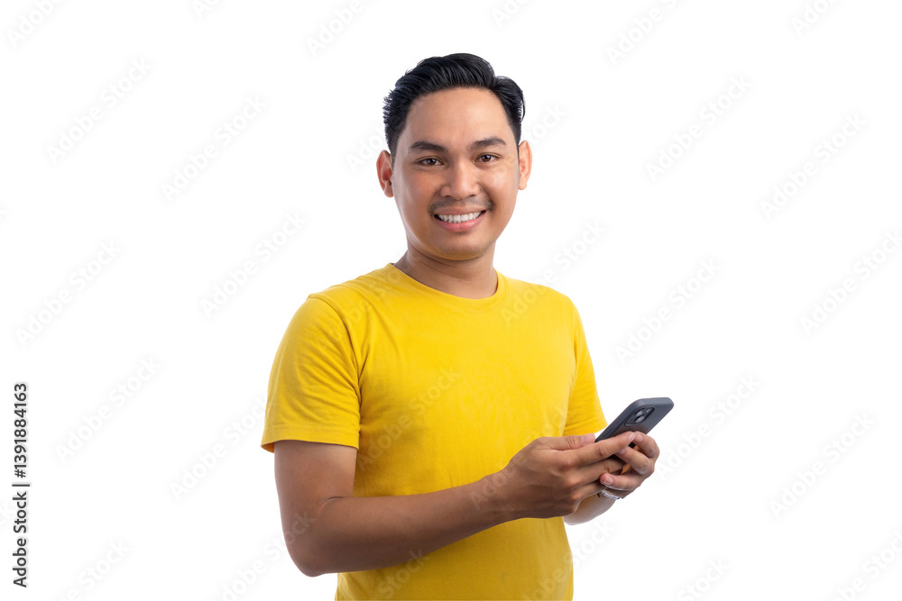 Portrait of happy handsome Asian man using smartphone for trading or chatting, looking at camera and smiling isolated on transparent background Portrait of happy handsome Asian man using smartphone for trading or chatting, looking at camera and smiling isolated on transparent background