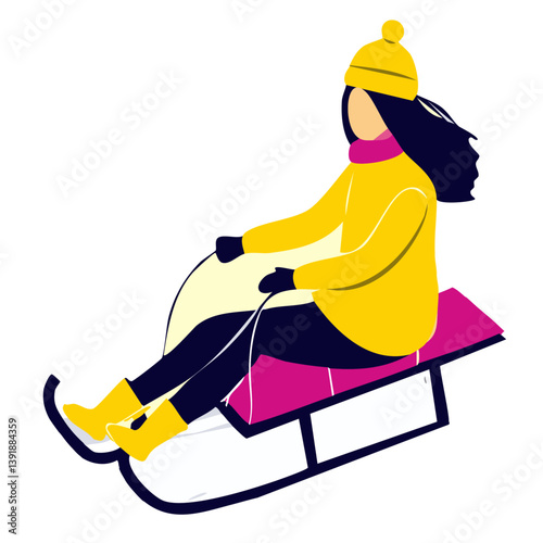 Happy woman wearing a yellow jacket and hat, riding a sled in winter, isolated on white background, perfect for winter sports, holiday fun, and outdoor adventure themes

