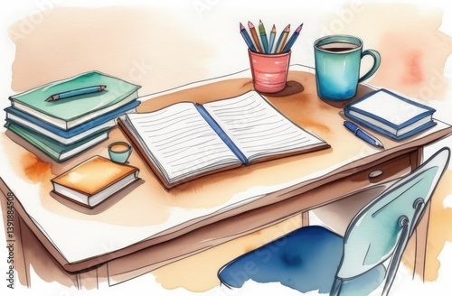 Study desk with open notebook and coffee cup