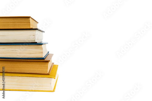 stack large pile of printed literary old books lies on table, book covers and pages for study, book pages and bindings on white background on transparent background