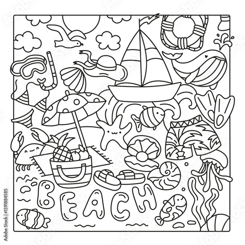Coloring book with marine animals. A set of cute cartoon characters. Doodle style. Contour vector illustration for coloring.