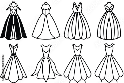 Ball gown line art elegant sketch fashion design outline beauty.eps