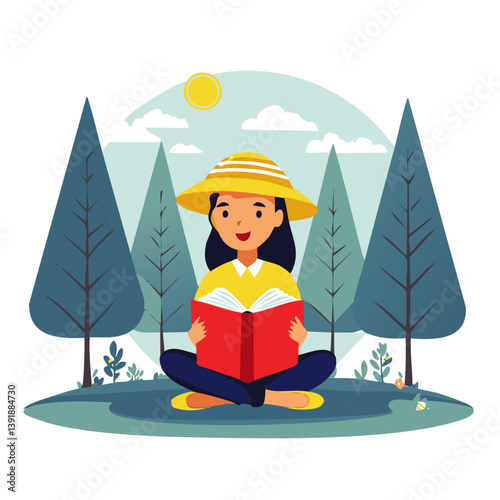 Girl Reading a Book Outdoors in a Peaceful Nature Setting with Trees and Sunshine

