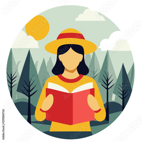Girl Reading a Book Outdoors in a Peaceful Nature Setting with Trees and Sunshine

