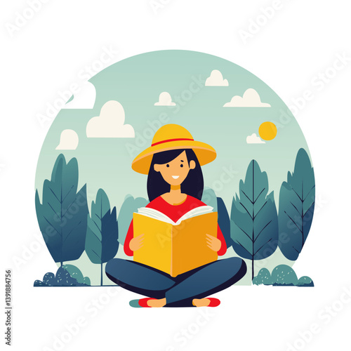 Girl Reading a Book Outdoors in a Peaceful Nature Setting with Trees and Sunshine

