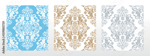Wallpapers in the style of Baroque.. Set of colored floral ornaments. Seamless vector backgrounds Graphic patterns for fabric, wallpaper, packaging. Ornate Damask flower illustration