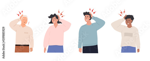 Senior woman suffering from brain fog and cognitive dysfunction. Neurological disorder concept. Confused elderly woman with dementia symptoms. Alzheimer disease. Vector isolated illustration on white.