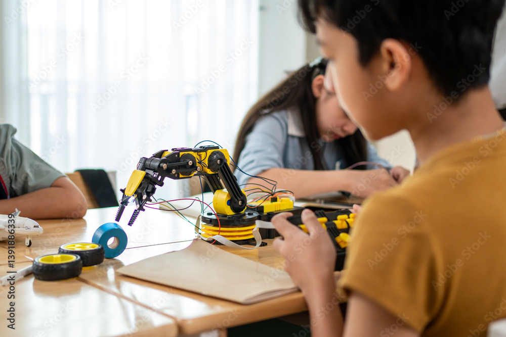Group of students learning in a robotics class at elementary school. Group of students learning in a robotics class at elementary school.
