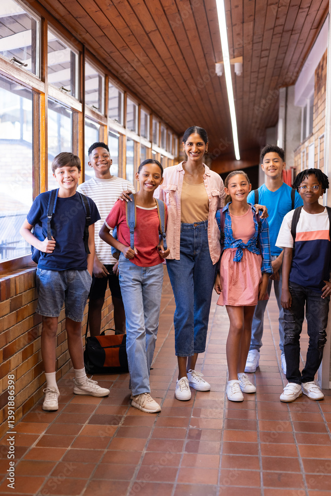 Indian female teacher standing with group of students in school hallway, all smiling Indian female teacher standing with group of students in school hallway, all smiling
