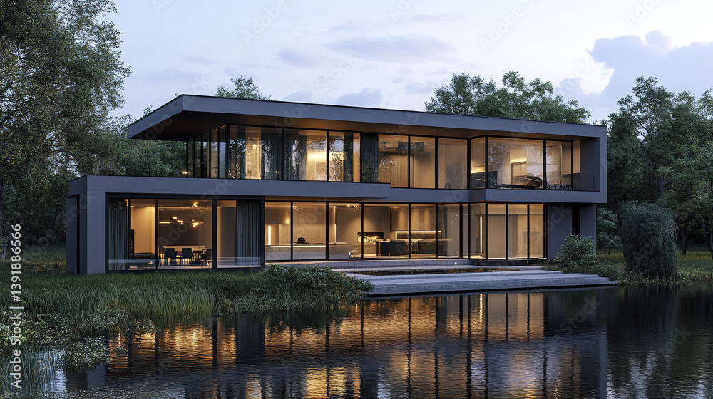 Modern riverside house with large glass windows reflecting on water Modern riverside house with large glass windows reflecting on water