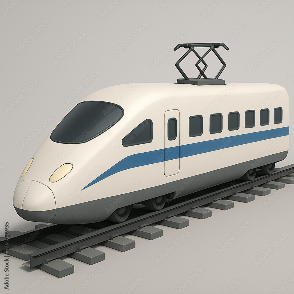Fototapeta premium A sleek bullet train or classic locomotive model placed on stylized tracks with subtle shadows and a minimal grey background