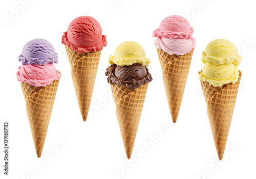 five different flavors of ice cream in a waffle cone, isolated on transparent background